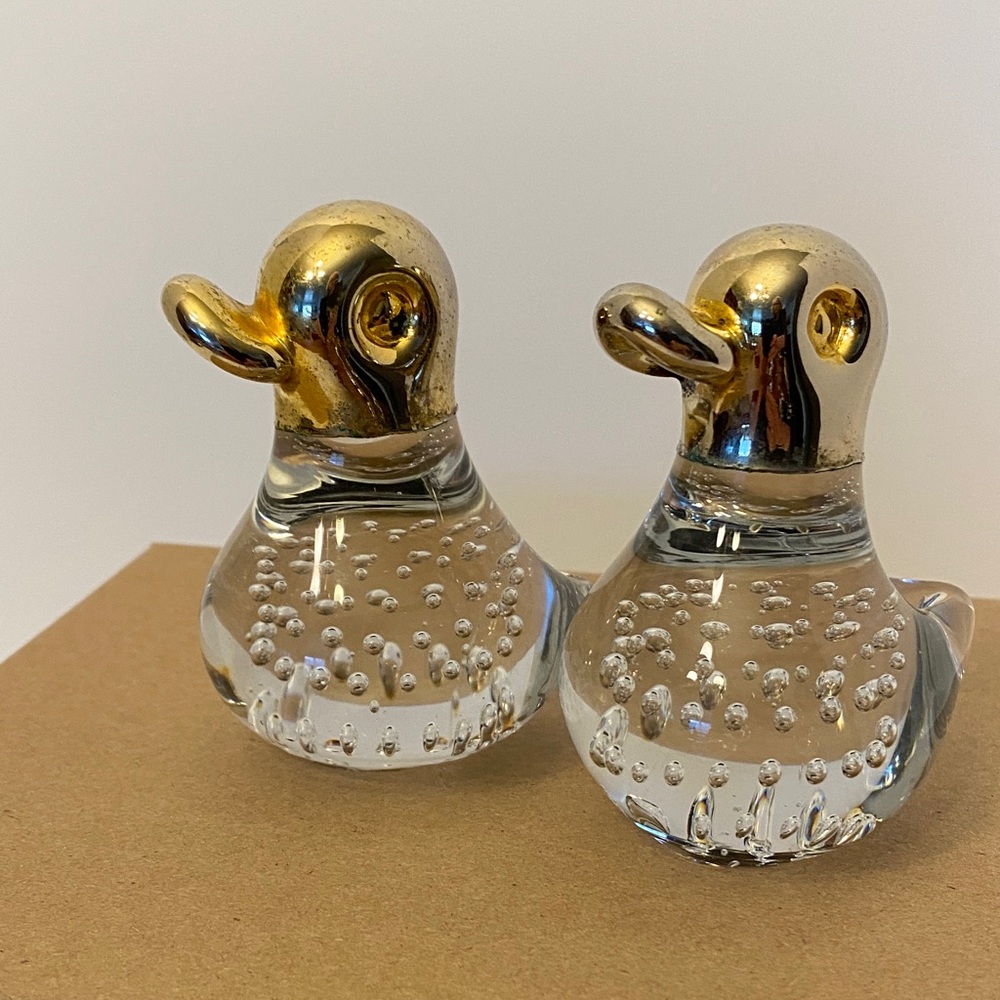 Set of 2 Hand Blown Vintage Bullicante Glass Duck Paperweights Decor Brass Heads